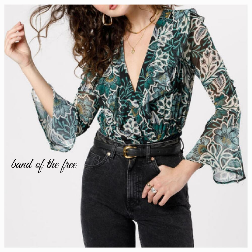 Band of the‎ Free Bonnie Emerald Floral Bell-Sleeve Bodysuit S NWT Romantic Boho